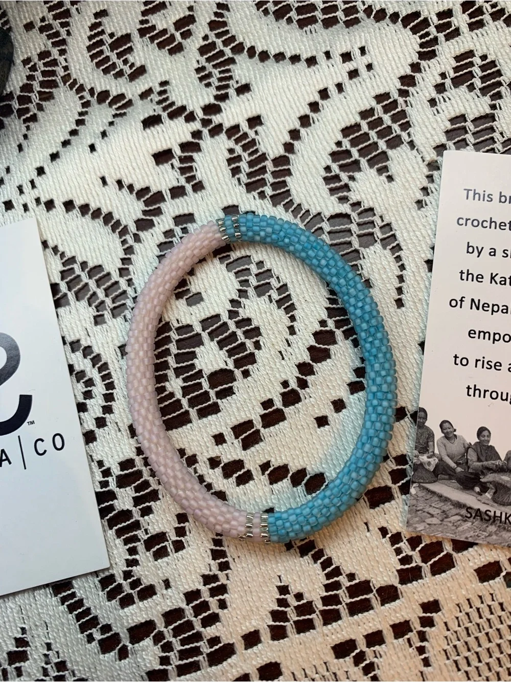 Hand-Crocheted Beaded Bracelet Set- Pink/Light Blue & Gold/White/Aqua